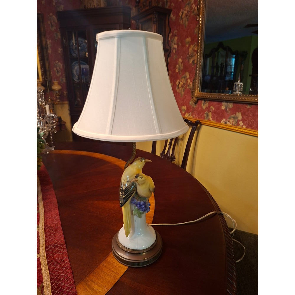 Vintage Porcelain Yellow Bird Table Lamp Grapes Ceramic Figurine White Shade